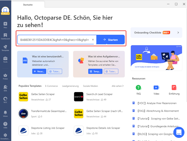 Den Link zu den Bing-Suchergebnissen in Octoparse eingeben