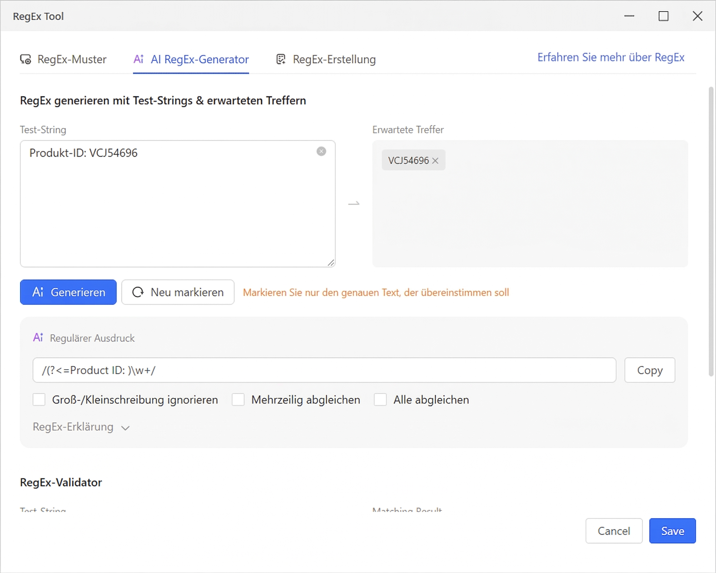 Der KI-RegEx-Generator von Octoparse lernt aus Beispielen und erstellt Muster für die Datenbereinigung.