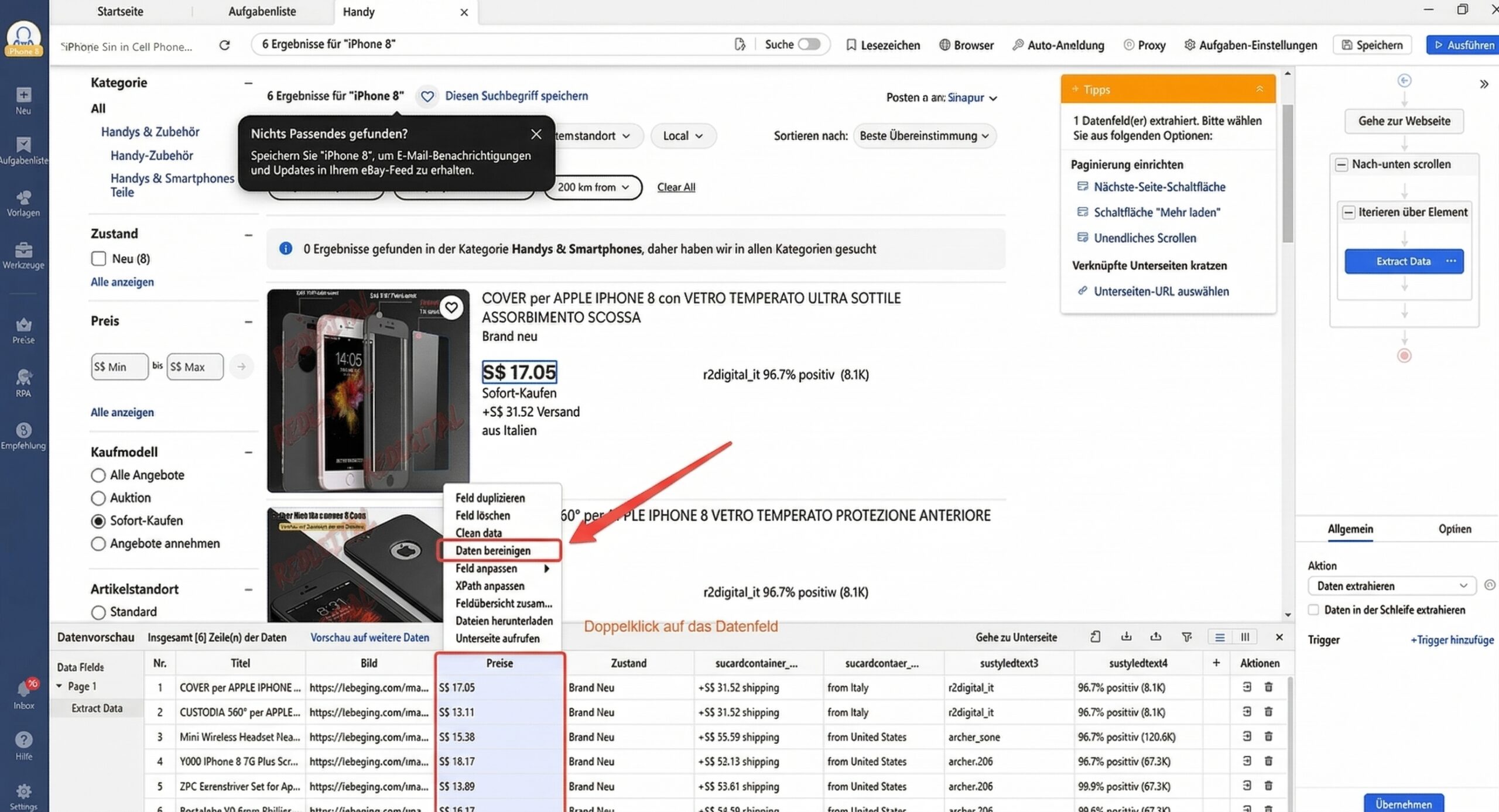Option zur Datenbereinigung in Octoparse
