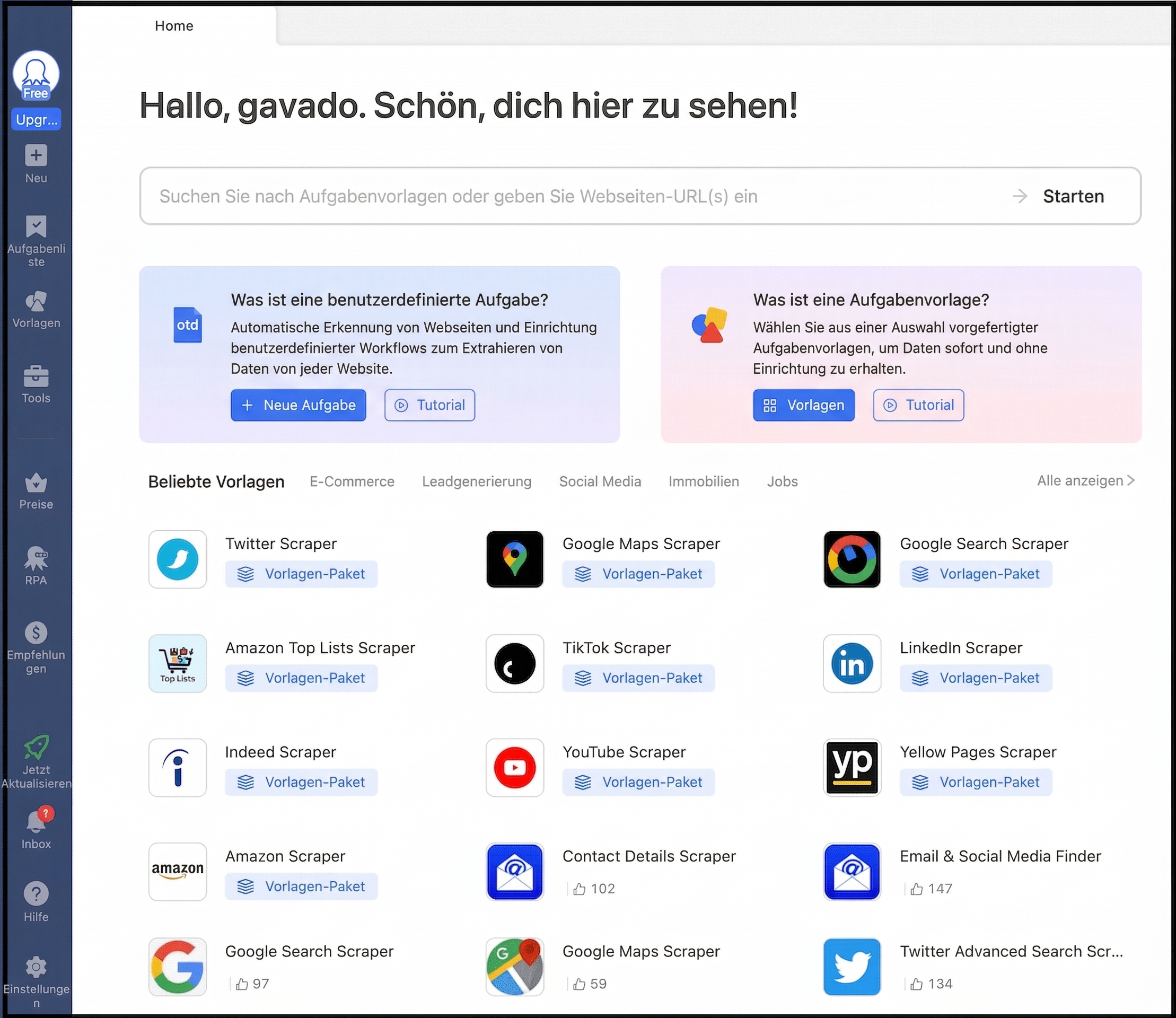 Octoparse Dashboard für Web Scraping
