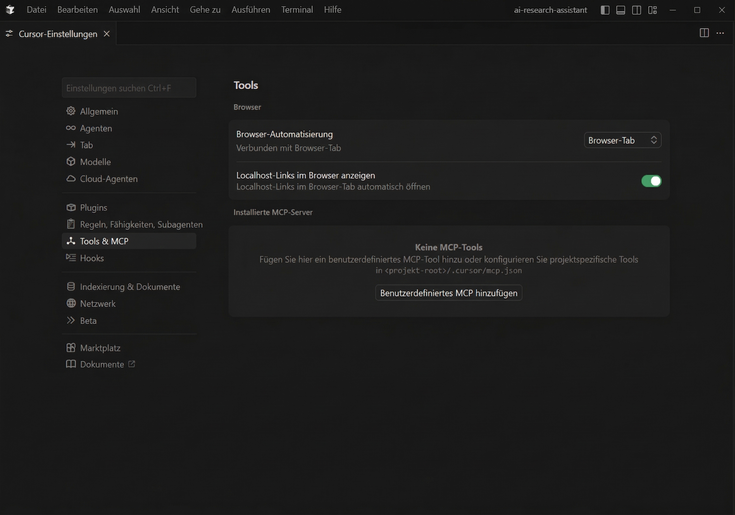 Cursor AI MCP Einstellungen für Octoparse als Webseiten auslesen Tool