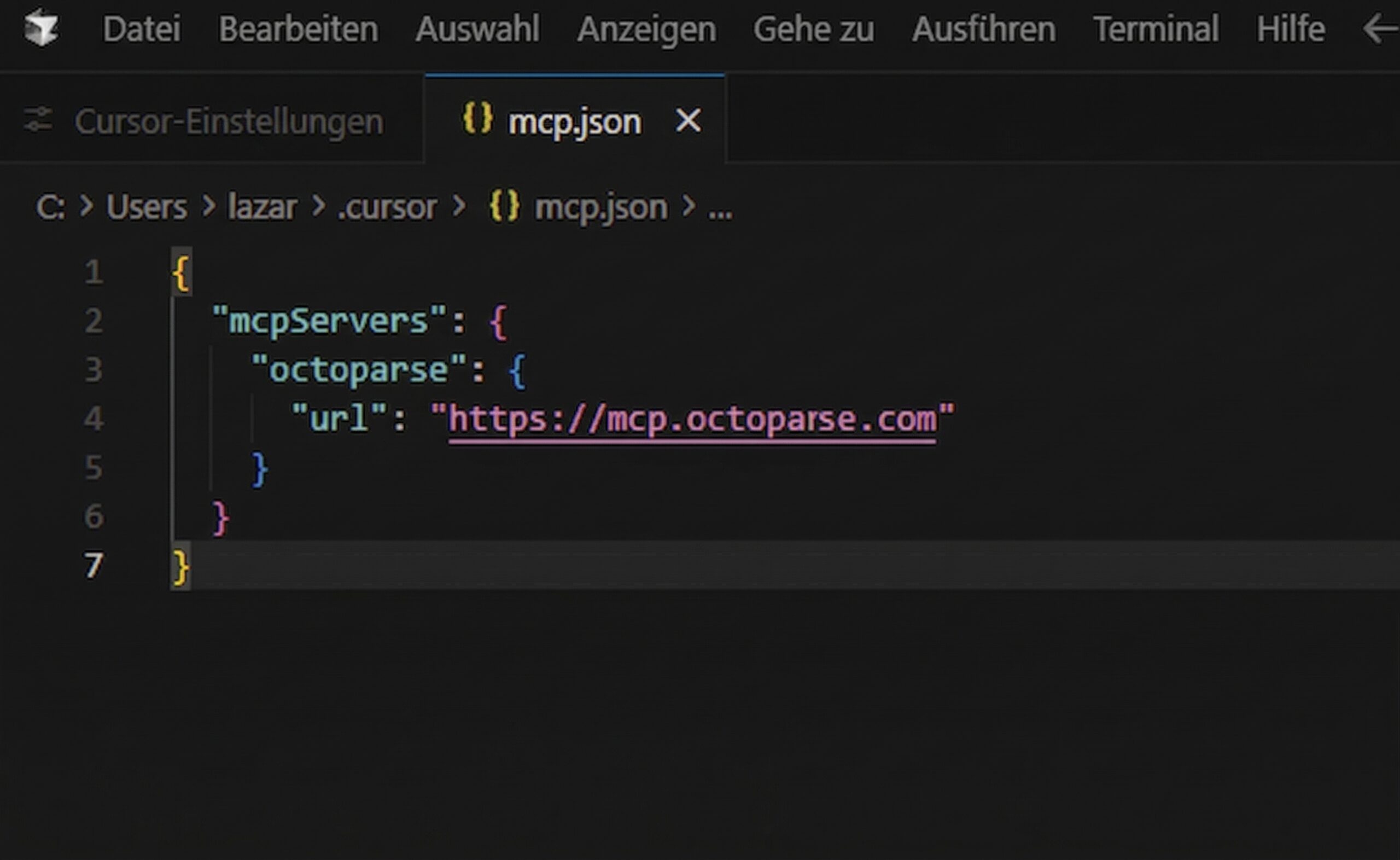 JSON Konfiguration für Octoparse MCP in Cursor AI