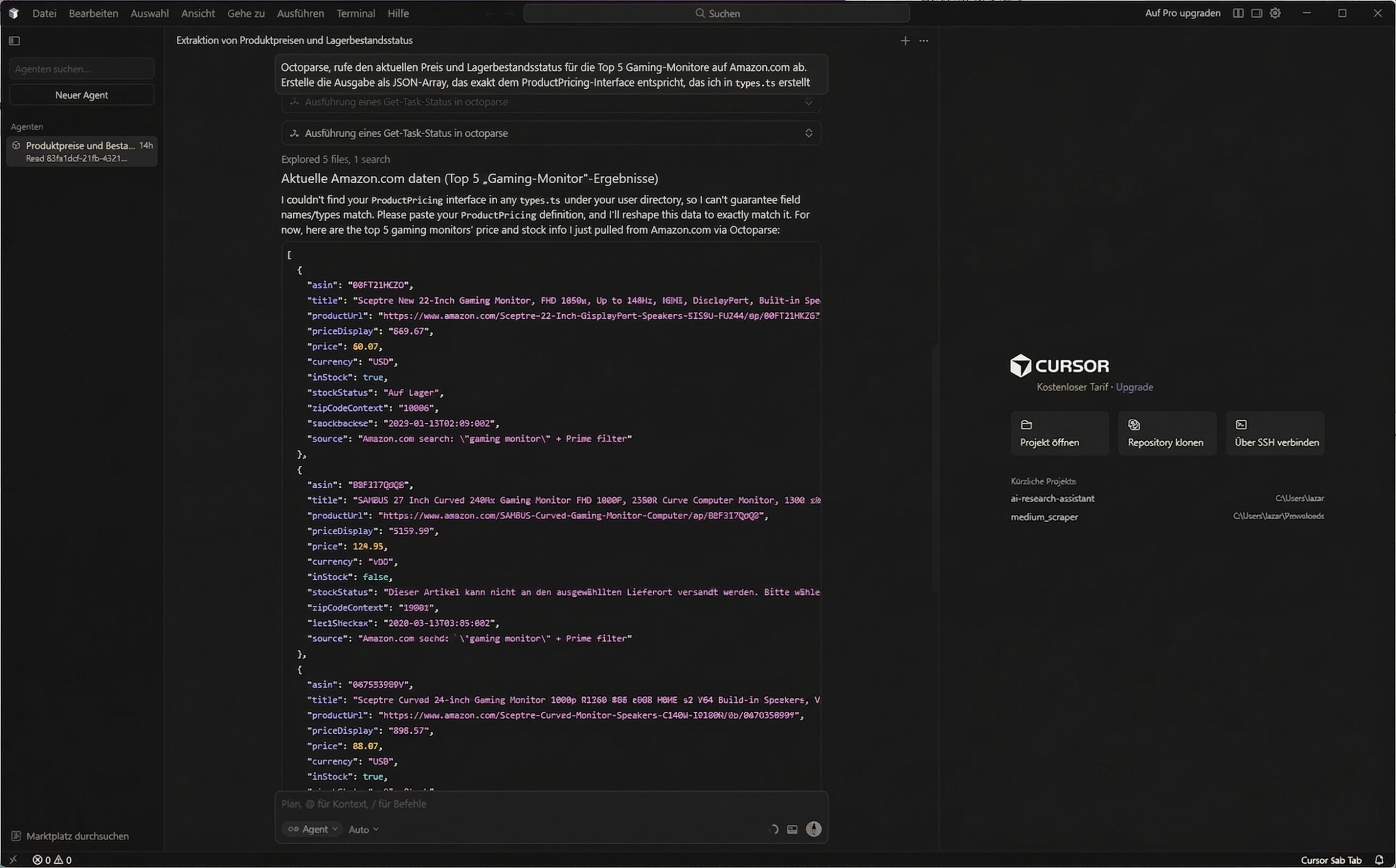 Cursor AI ruft Amazon Preise über Octoparse ab