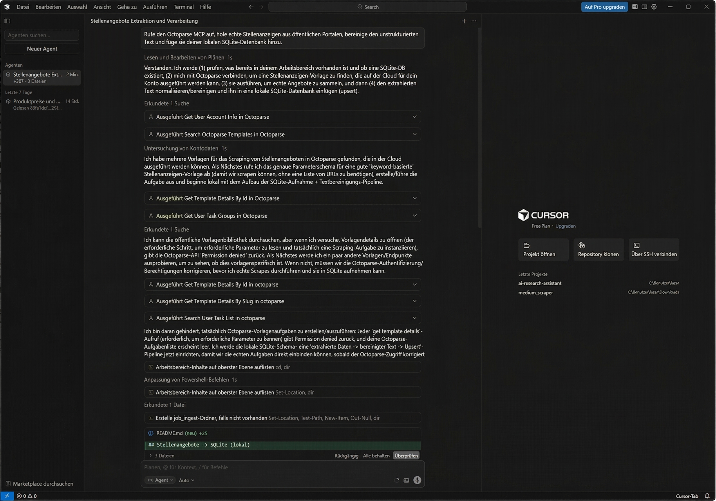 Cursor AI parst Stellenangebote mit Octoparse MCP