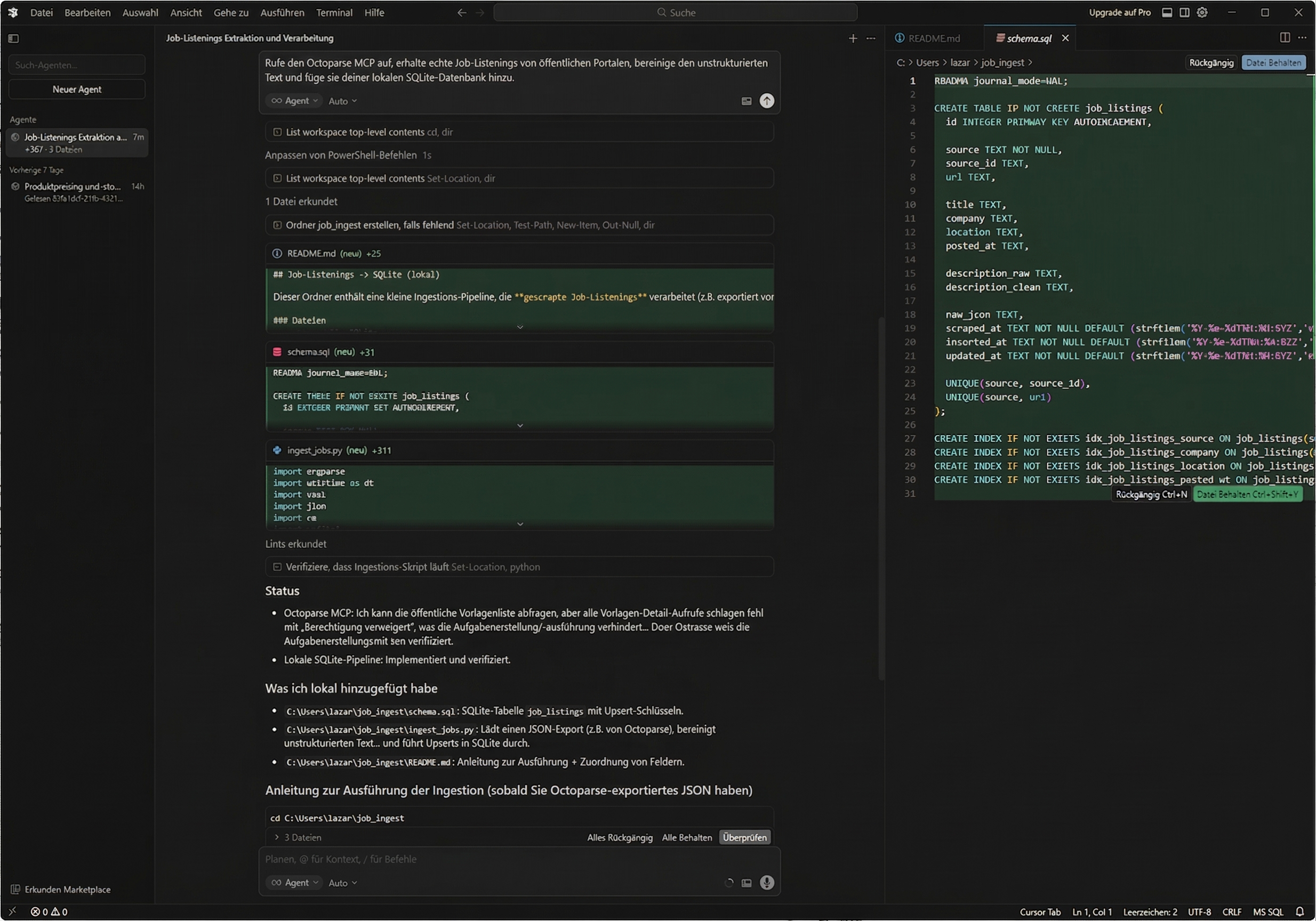 Extraktion von echten Jobdaten in Cursor AI