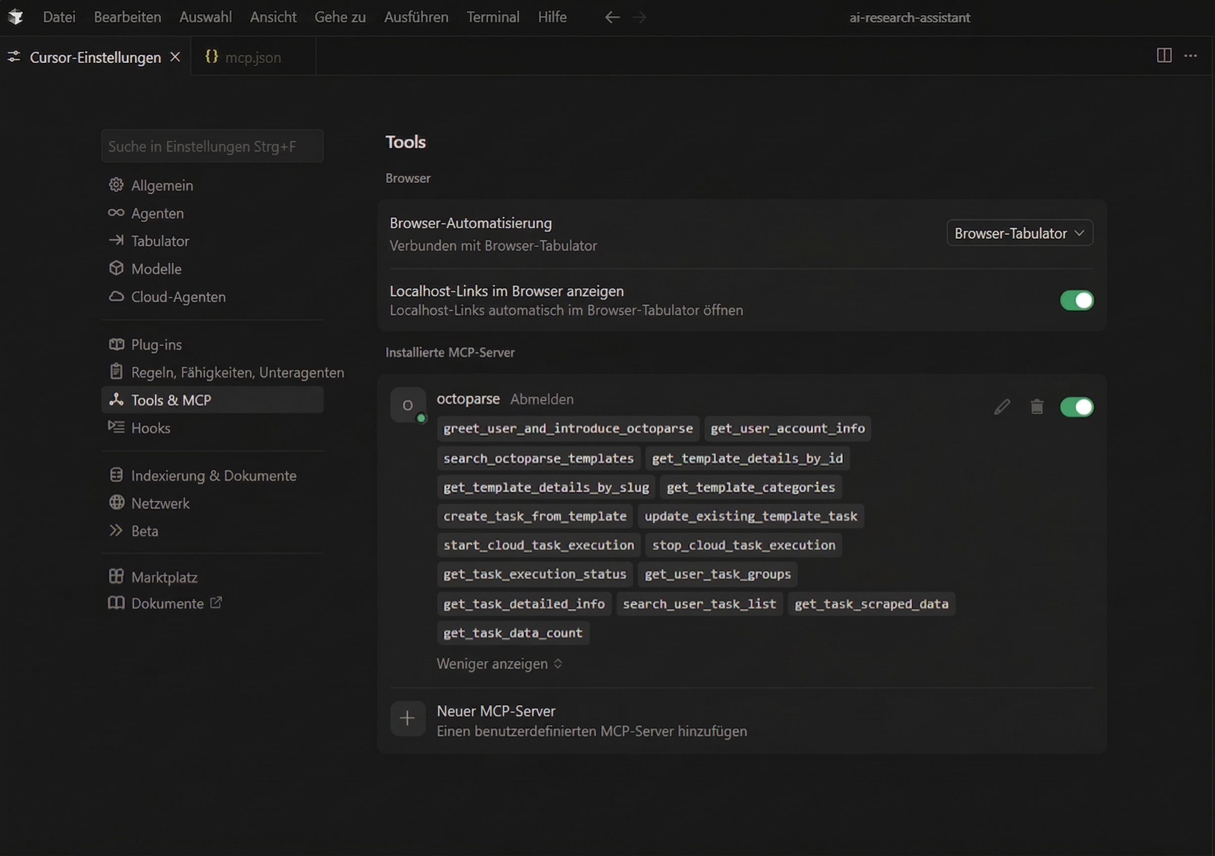 Aktivierte Octoparse Fähigkeiten in Cursor AI