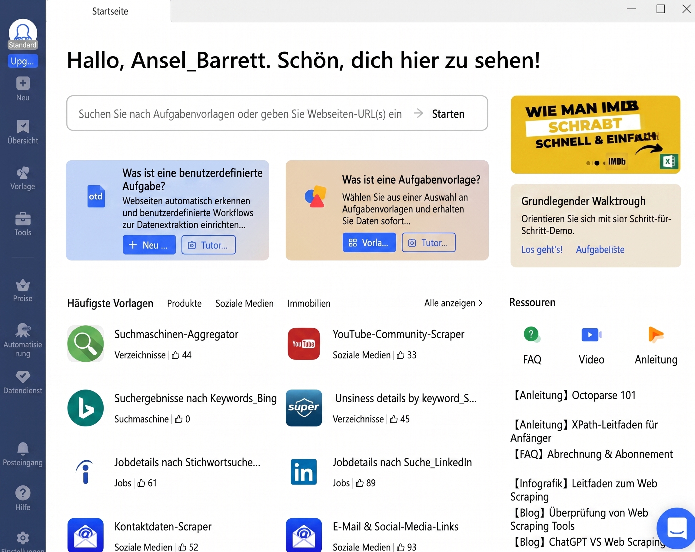 Neue Aufgabe in Octoparse erstellen um Unternehmensdaten zu scrapen