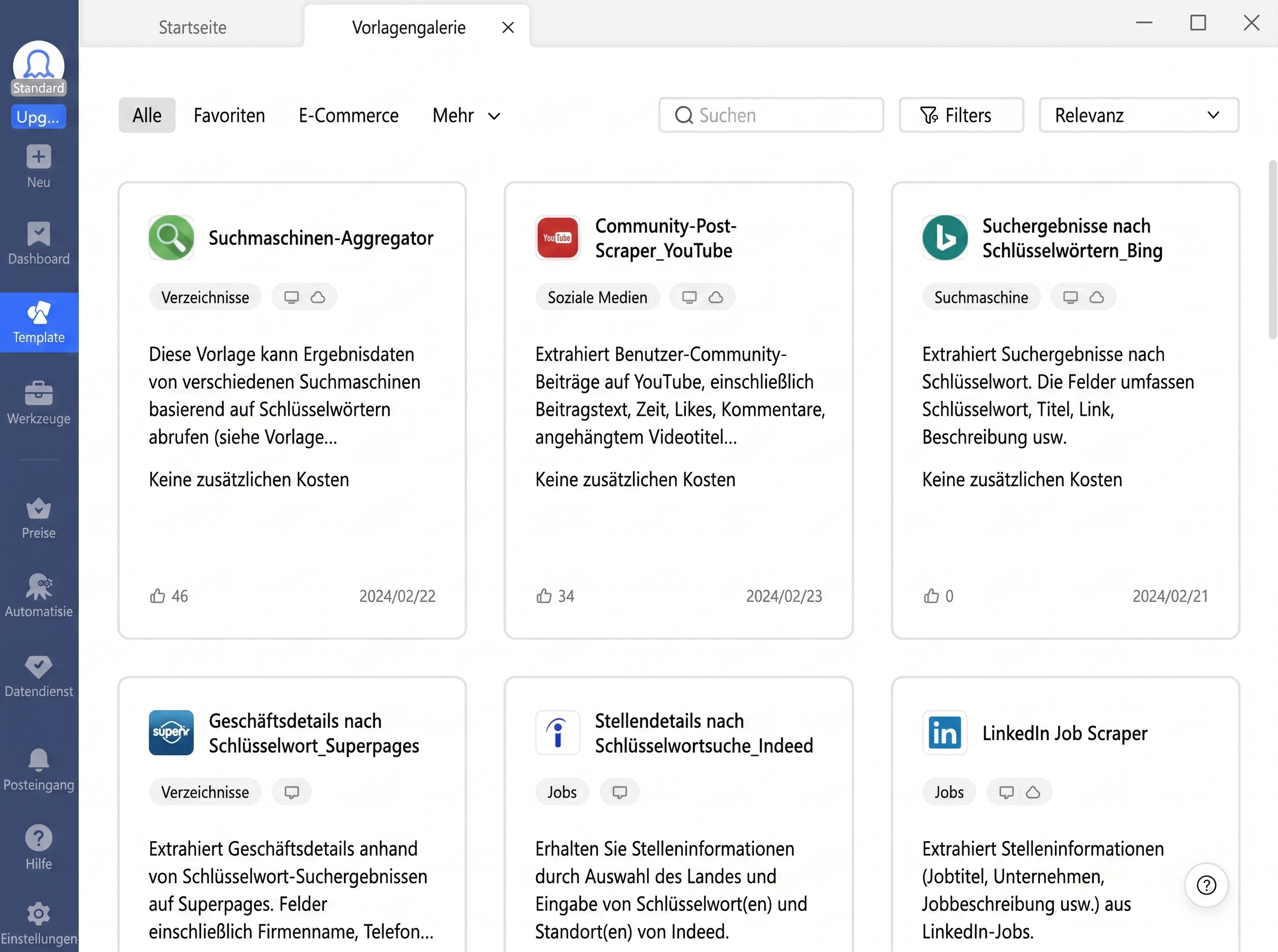 Übersicht der Octoparse Web Scraping Vorlagen für Sales Intelligence Tools