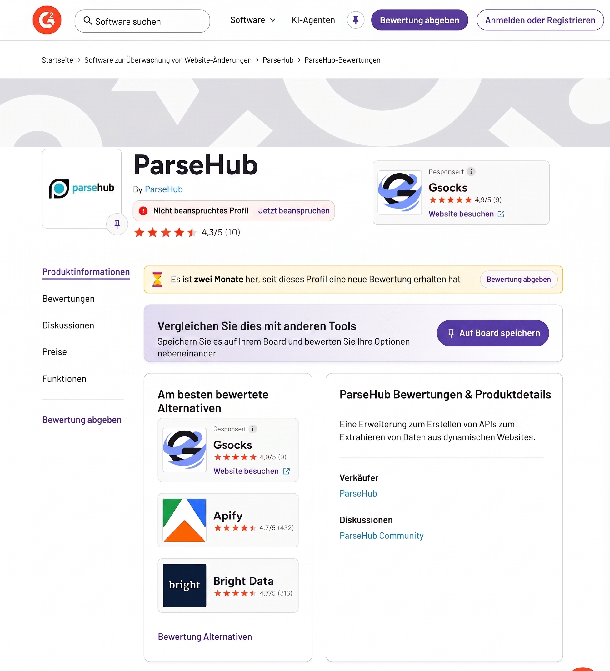 G2 Bewertung für ParseHub