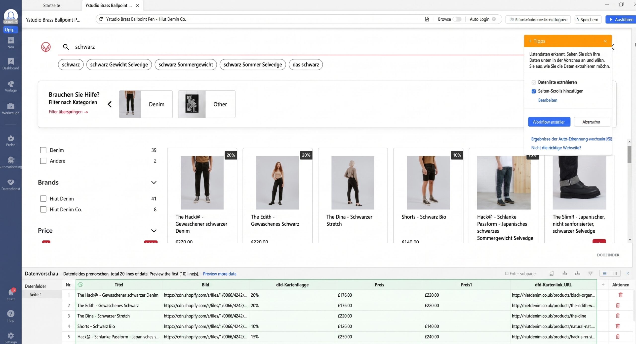 Octoparse Benutzeroberfläche für Web Scraping und Shopify Datenextraktion