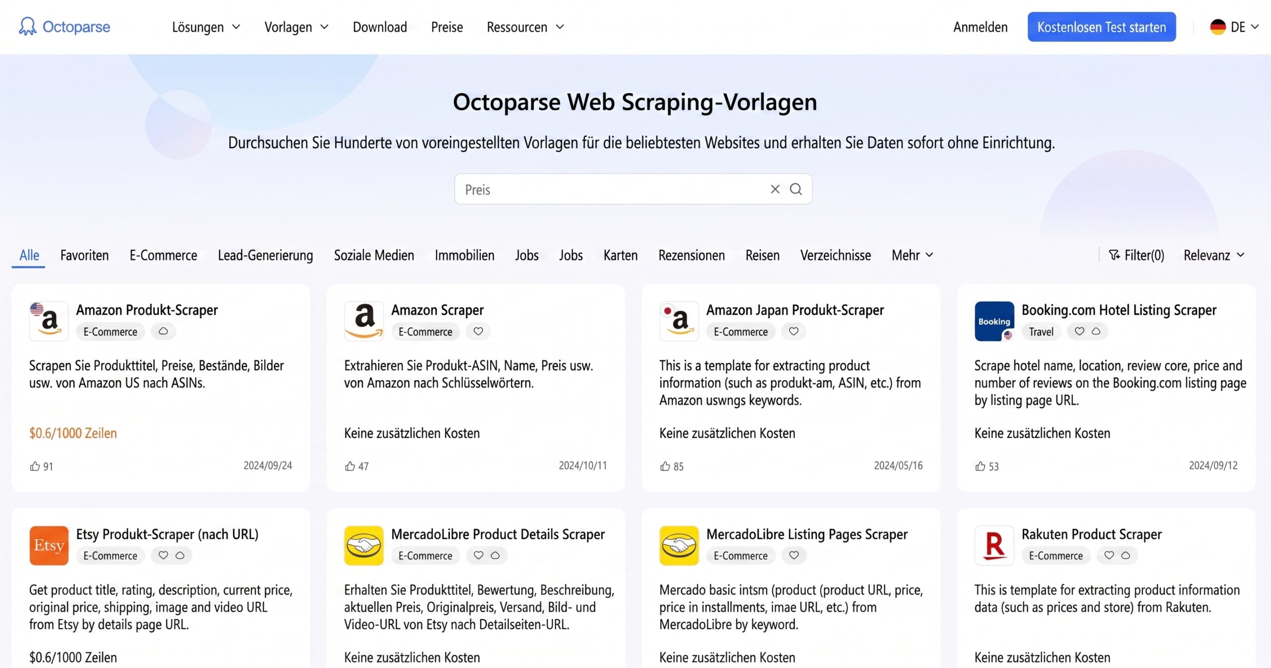 Vorgefertigte Vorlagen für die Preisbeobachtung und das Scraping von Preisen