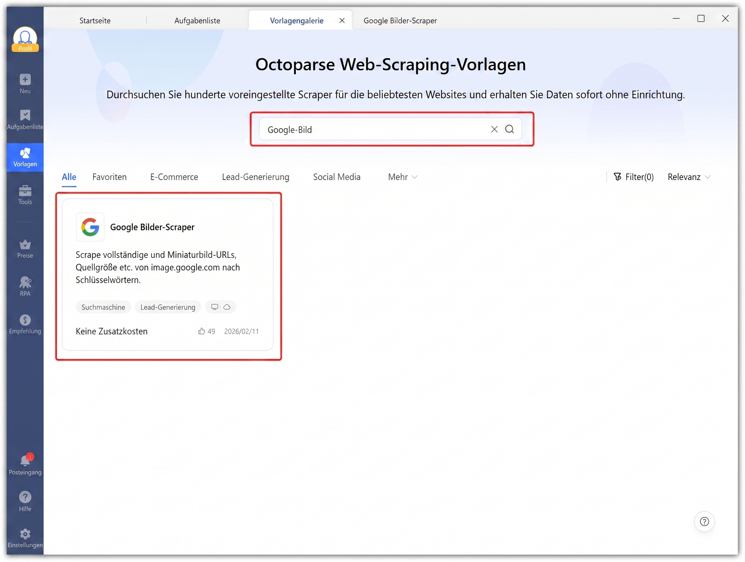 Schritt 1 der Nutzung des Octoparse Google Bilder Scraper Templates