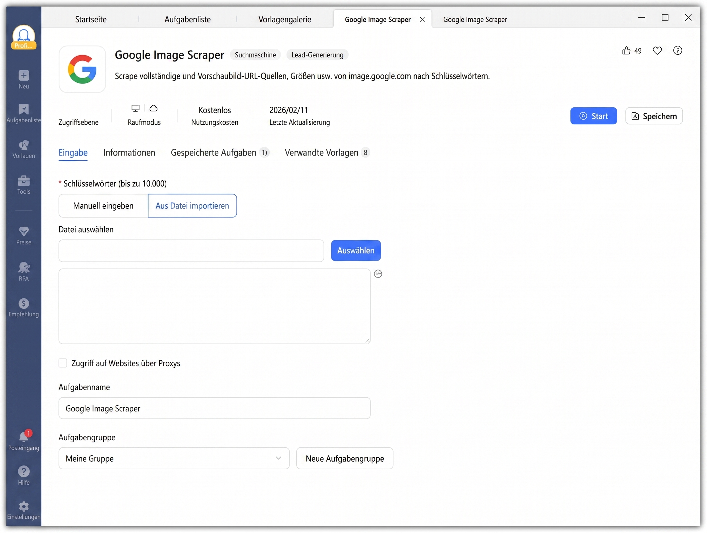 Schritt 2 der Keyword-Eingabe im Google Bilder Scraper
