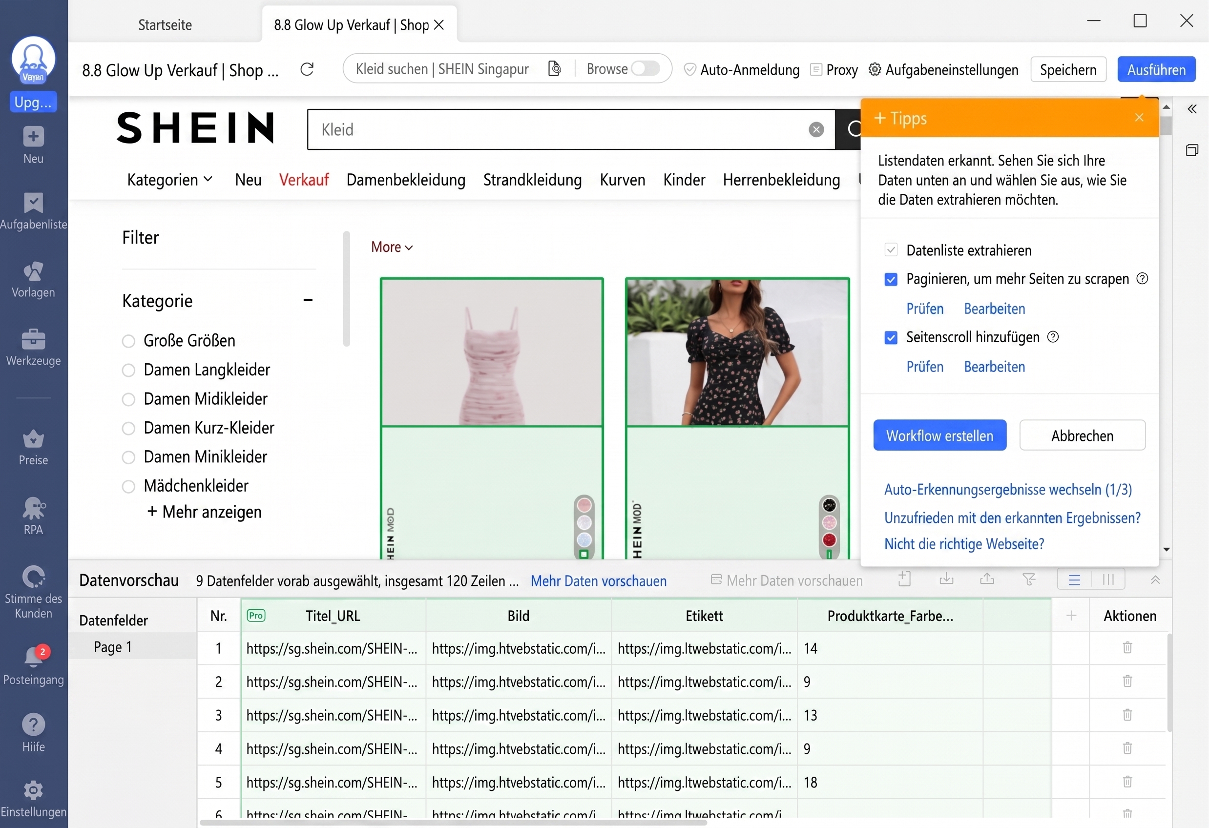 Automatische Datenerkennung für Shein Web Scraping in Octoparse
