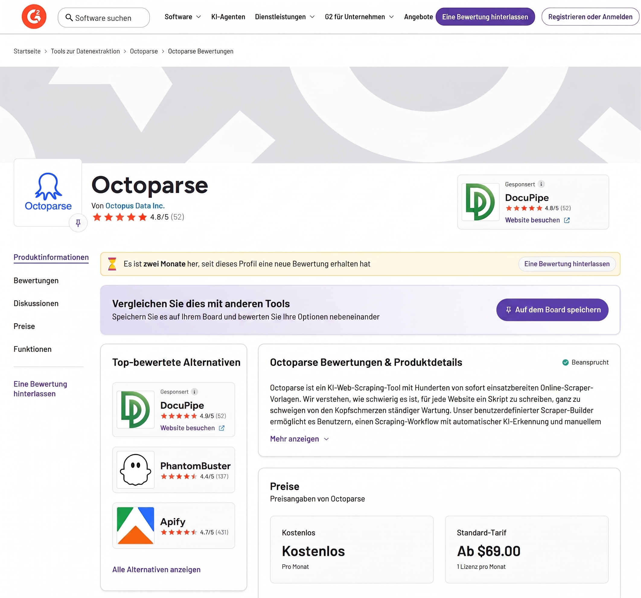 Octoparse G2 Bewertung für Konkurrenzanalyse Tools