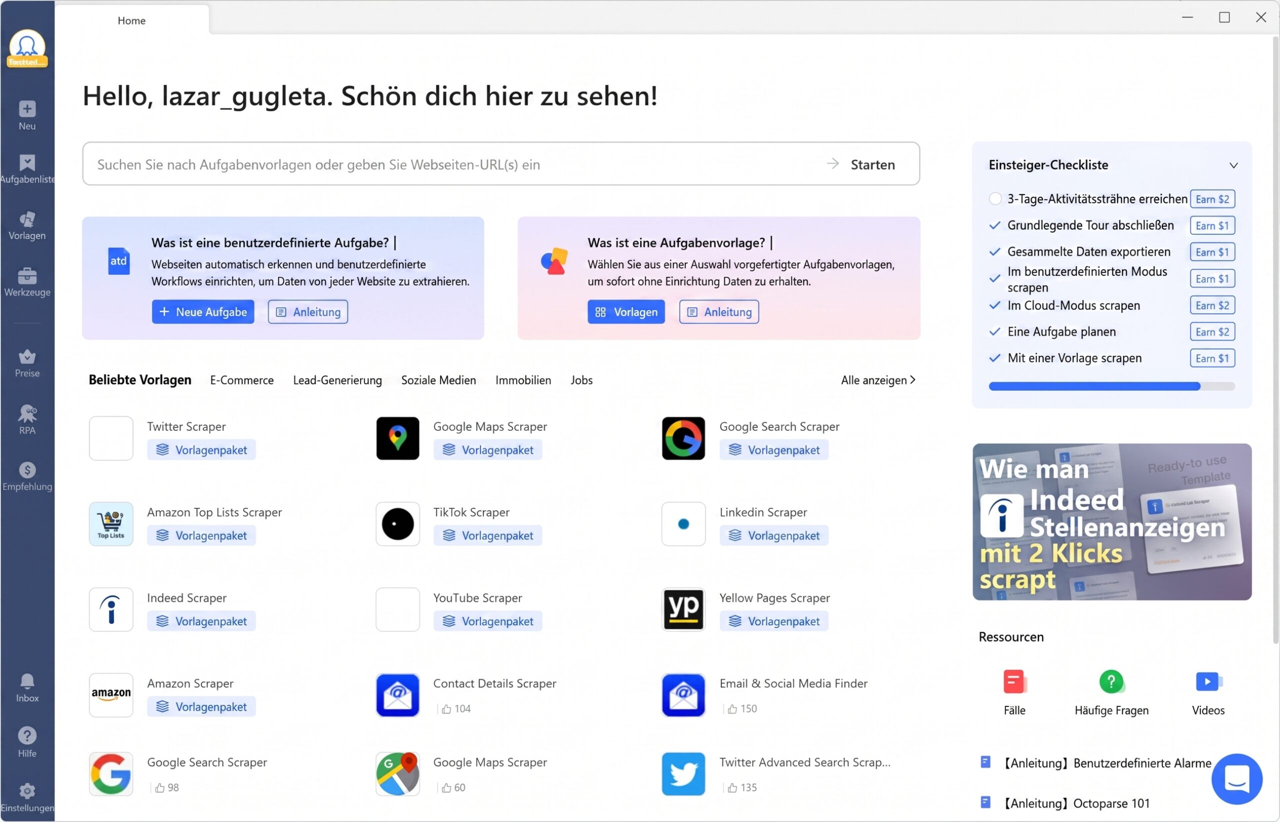 Octoparse Dashboard für Web Scraping