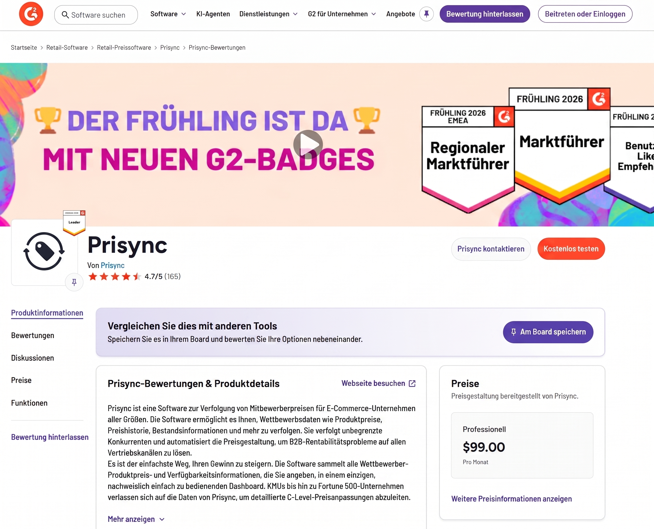 Prisync G2 Bewertung