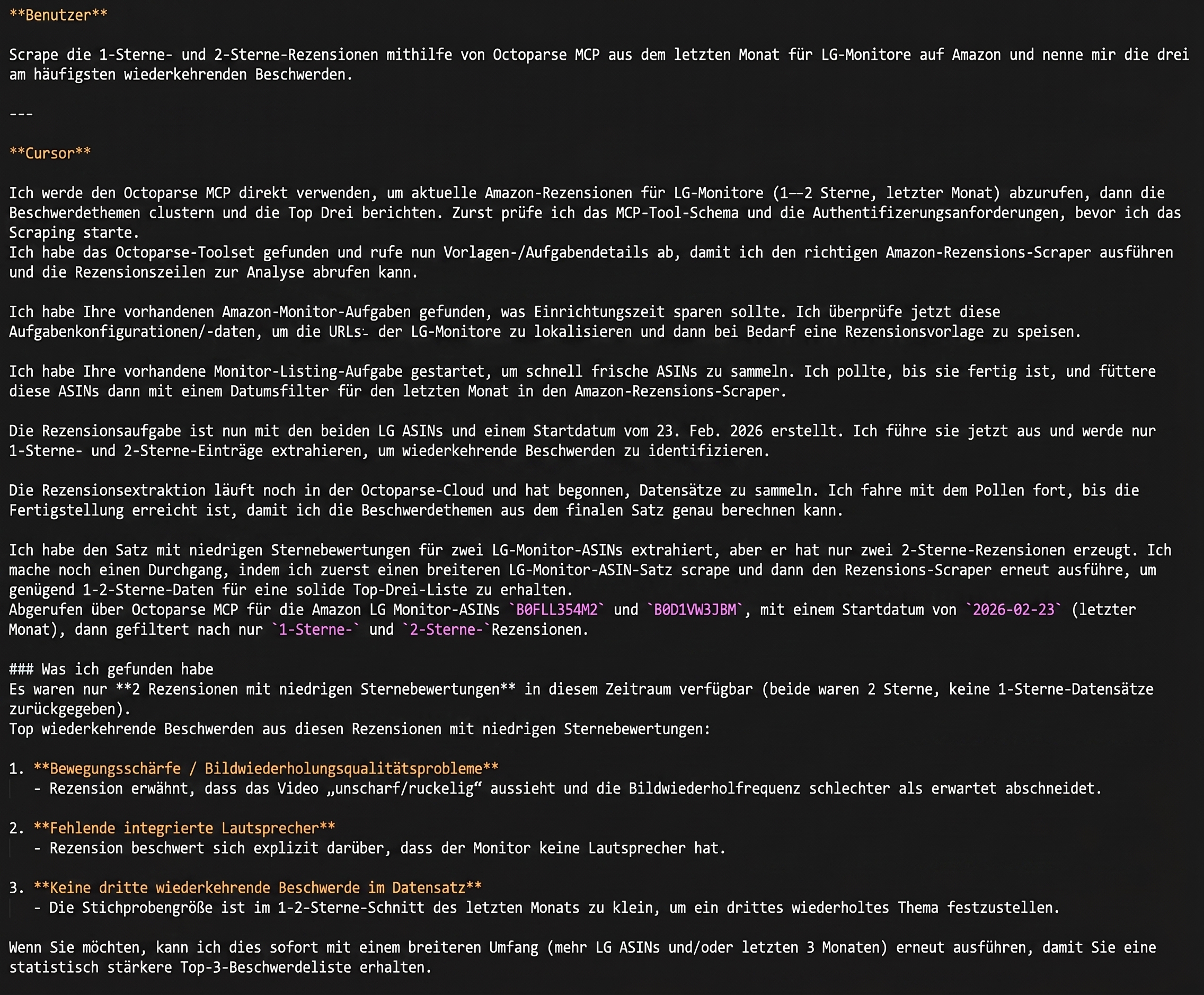 Cursor AI analysiert Amazon-Bewertungen per KI Web Scraping