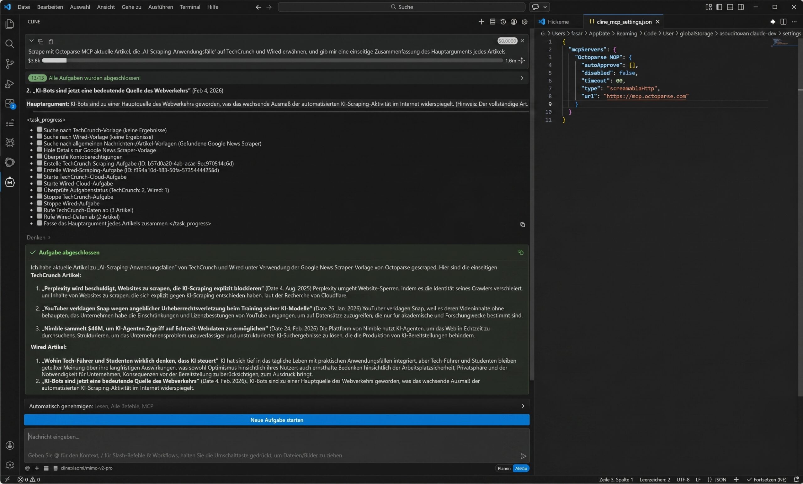 Cline AI nutzt Octoparse MCP für Nachrichten-Scraping