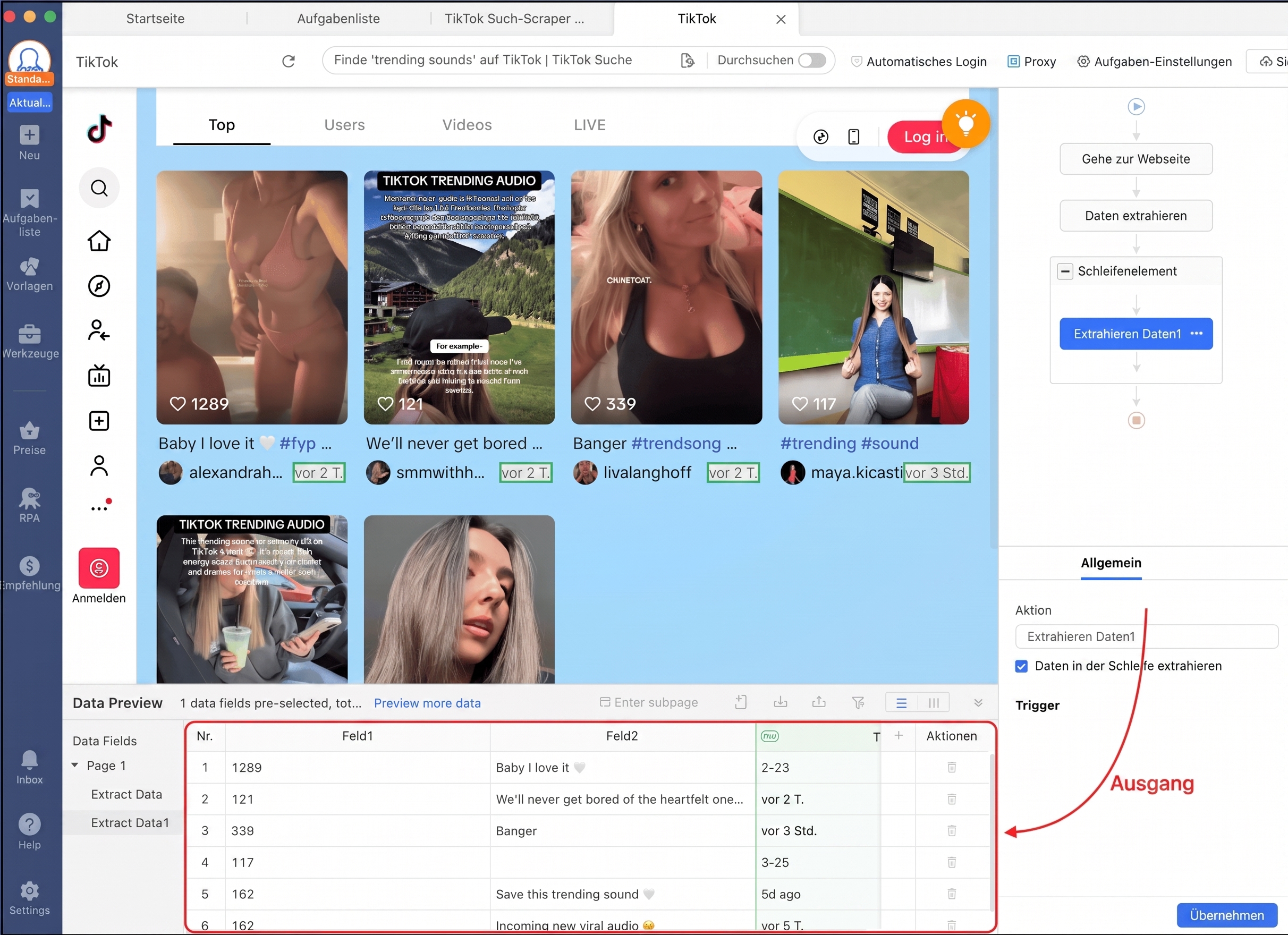 Ausgabe von trendigen TikTok-Sounds mit Octoparse