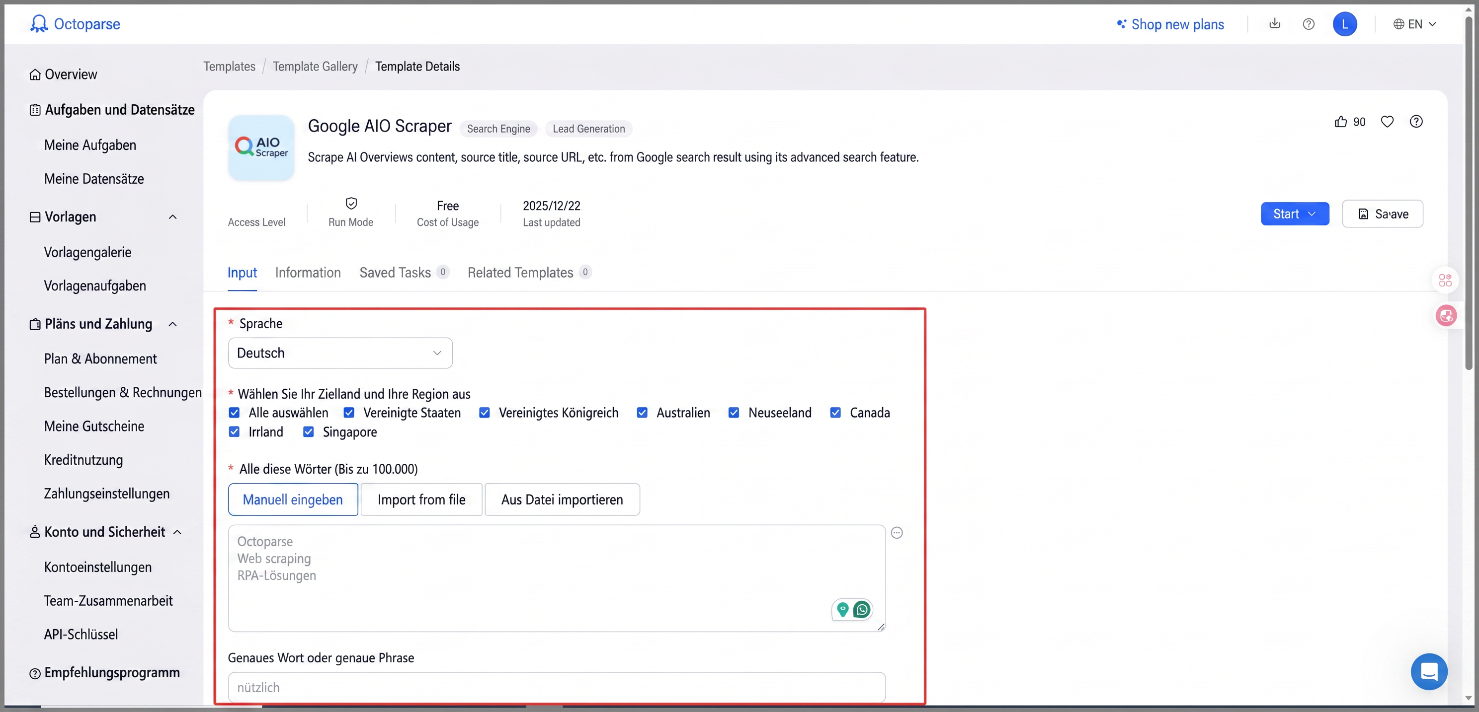 Keywords festlegen um Google AI Overview scrapen zu können