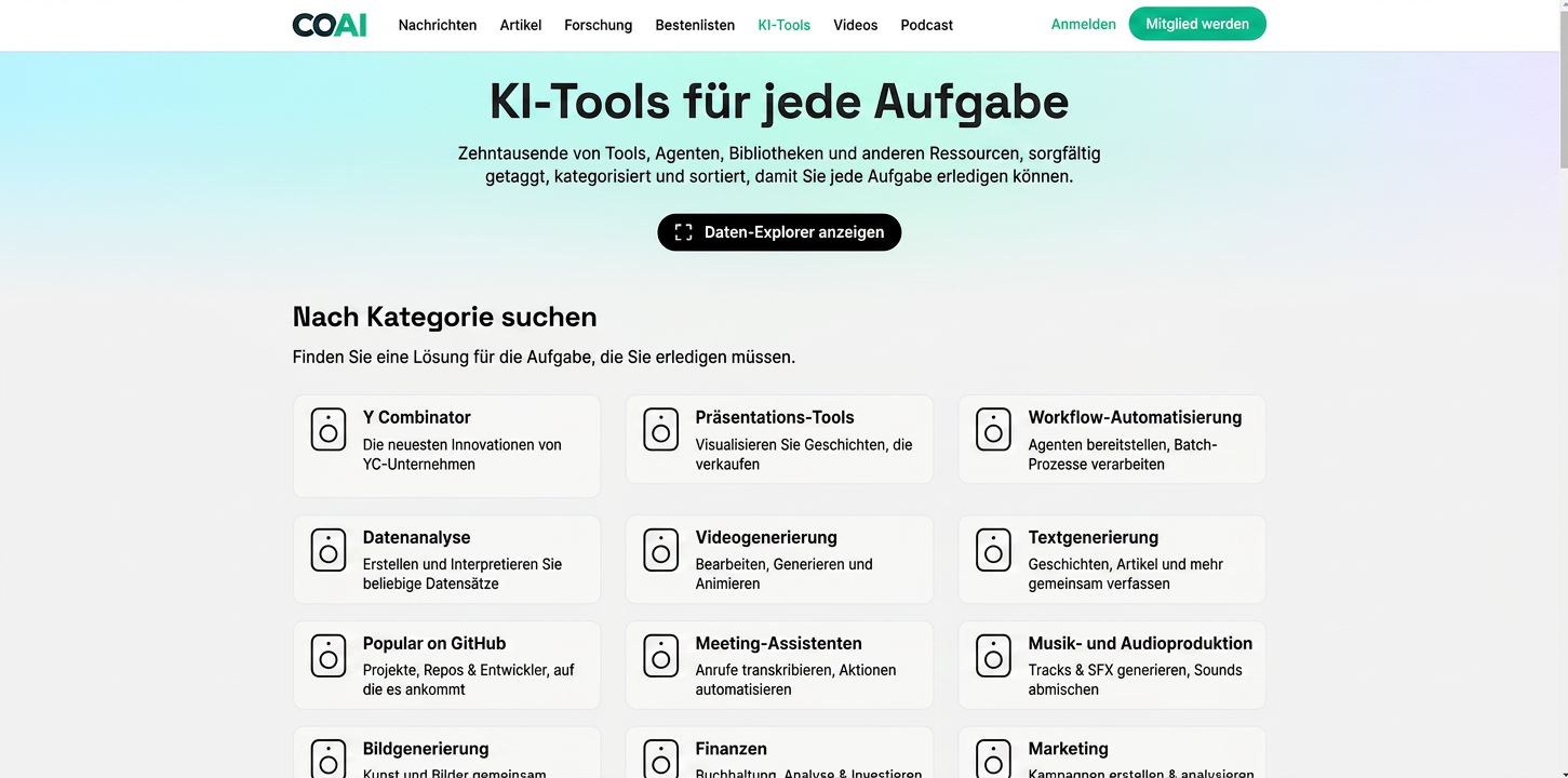 Screenshot der GetCOAI Plattform für eine KI Tools Übersicht