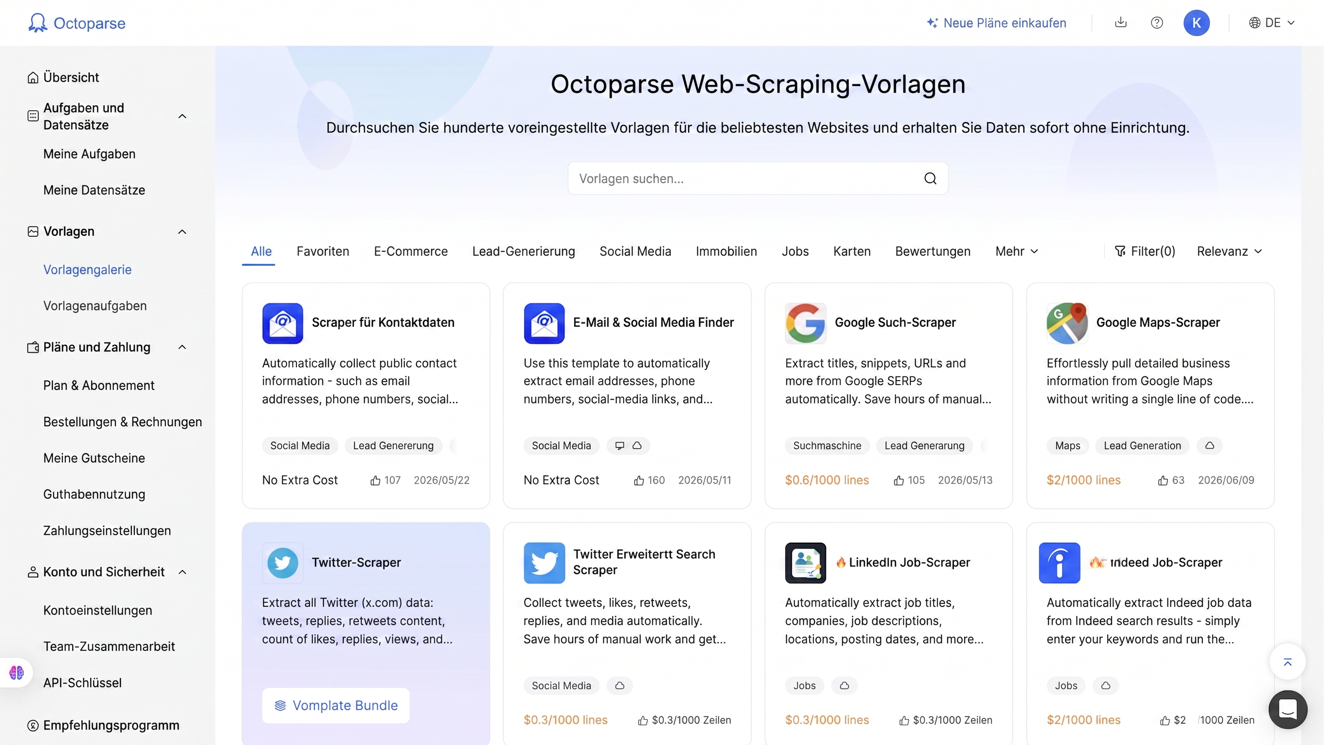 Octoparse Vorlagen für Produktsourcing