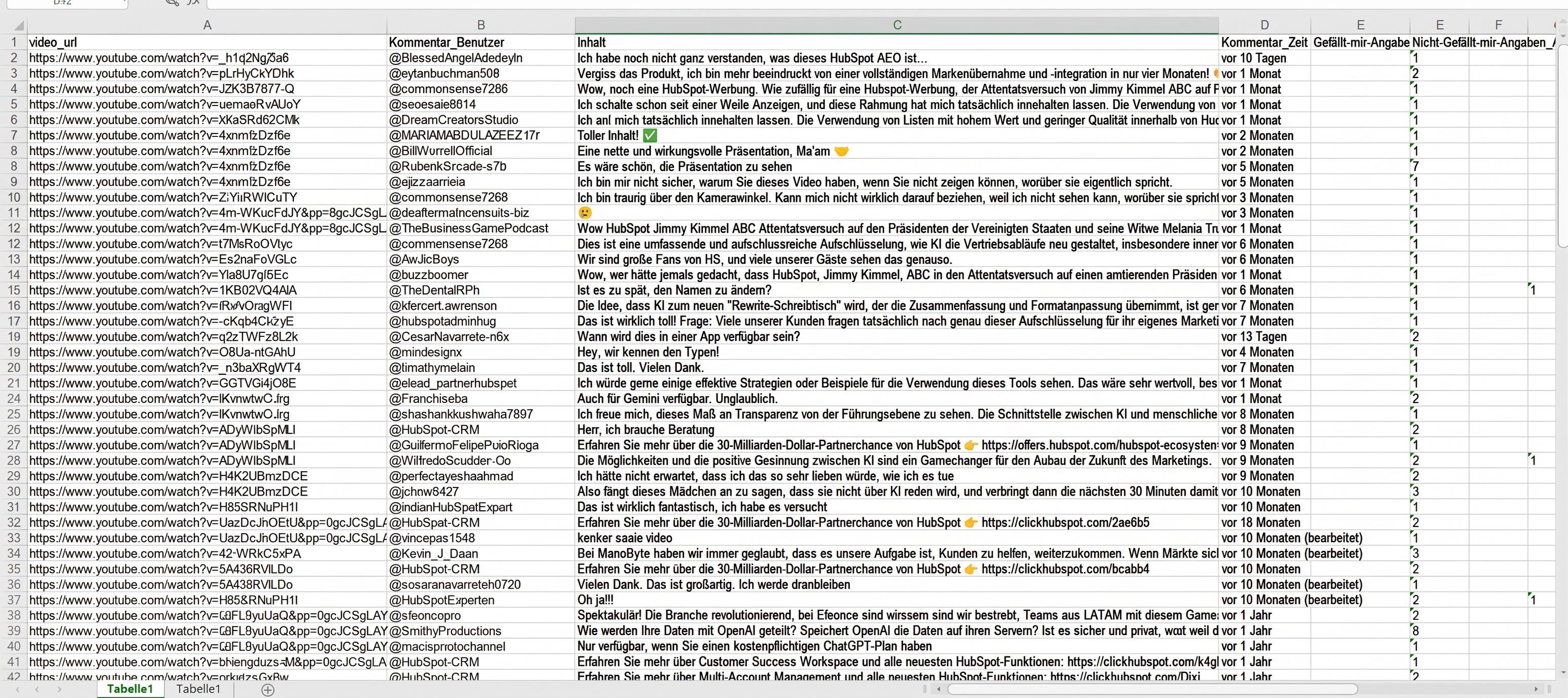 Exportierte YouTube-Kommentare zur Analyse