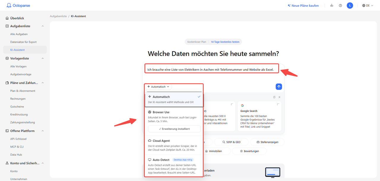 Octoparse KI-Assistent: Eingabefeld mit den Modi Automatisch, Browser Use, Cloud Agent und Auto-Detect