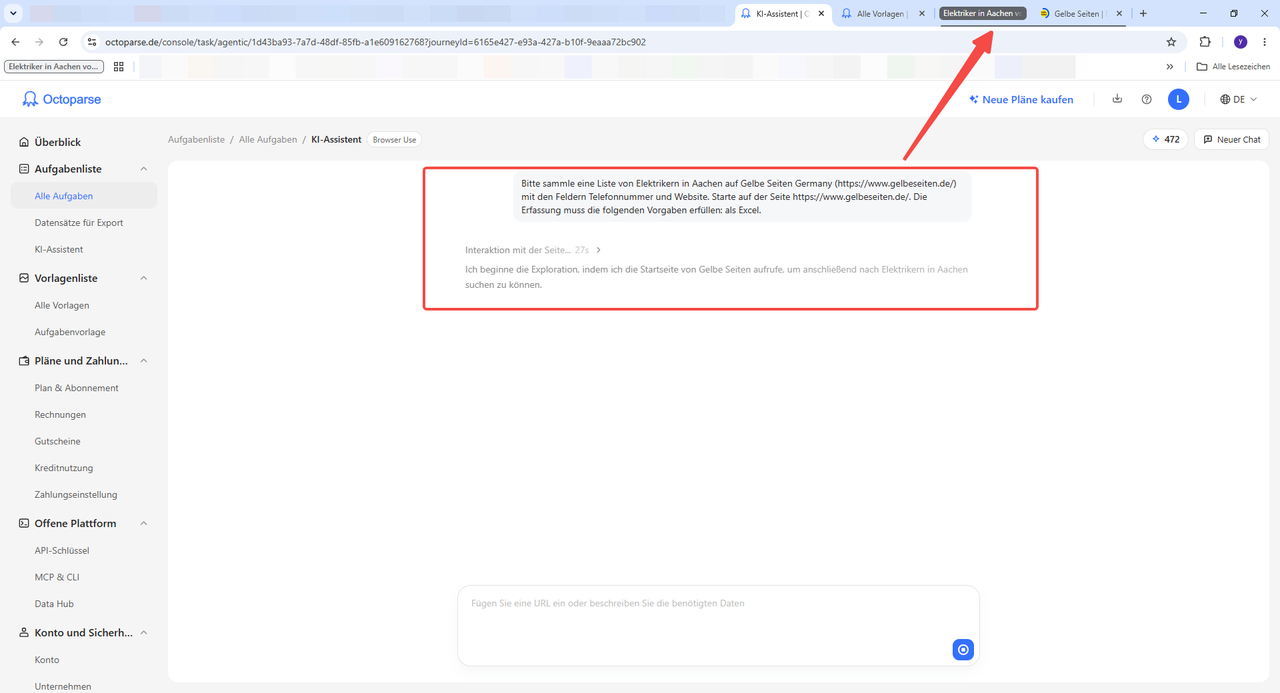Vom KI-Assistenten formulierte Anweisung für Browser Use