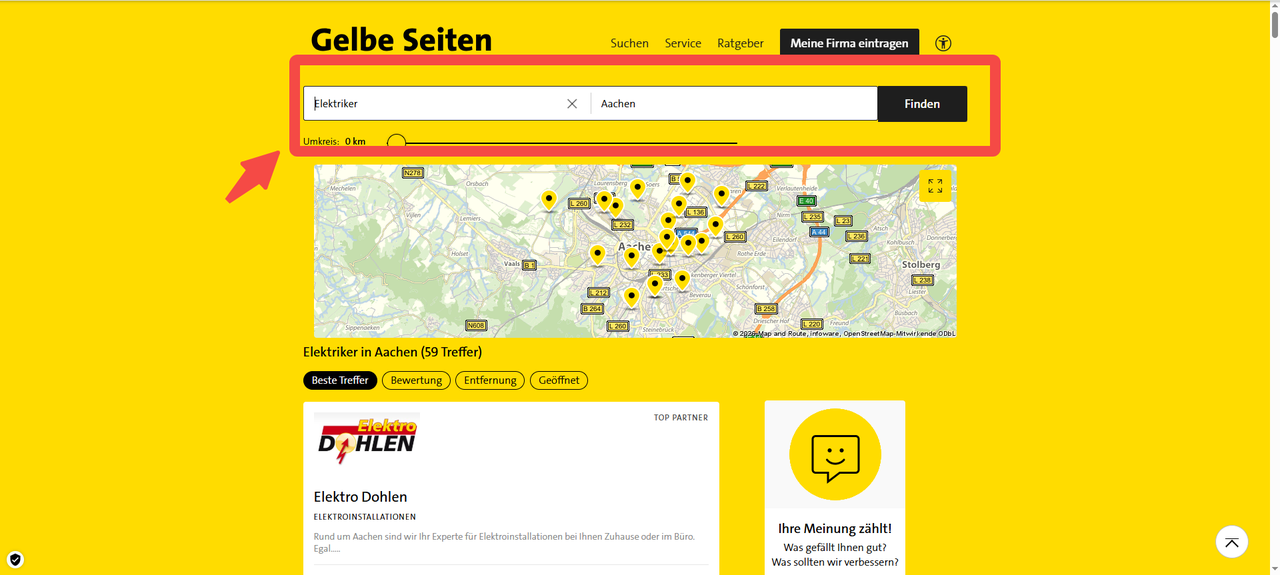 Browser Use trägt die Suche nach Elektrikern in Aachen auf Gelbe Seiten selbst ein
