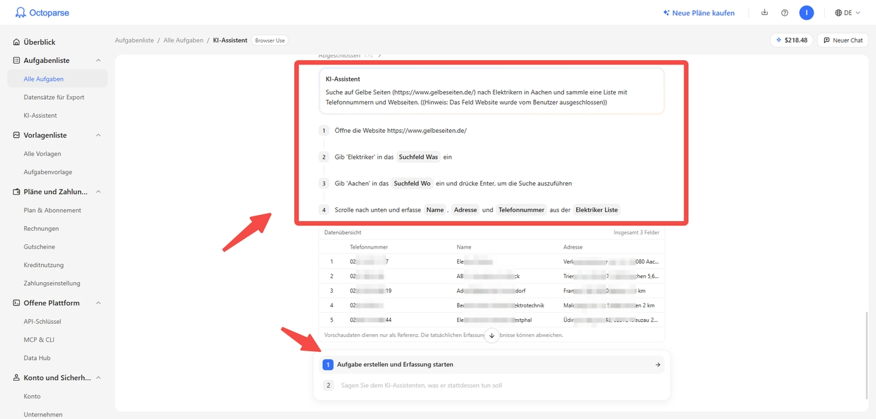 Plan des KI-Assistenten in vier Schritten mit Datenvorschau