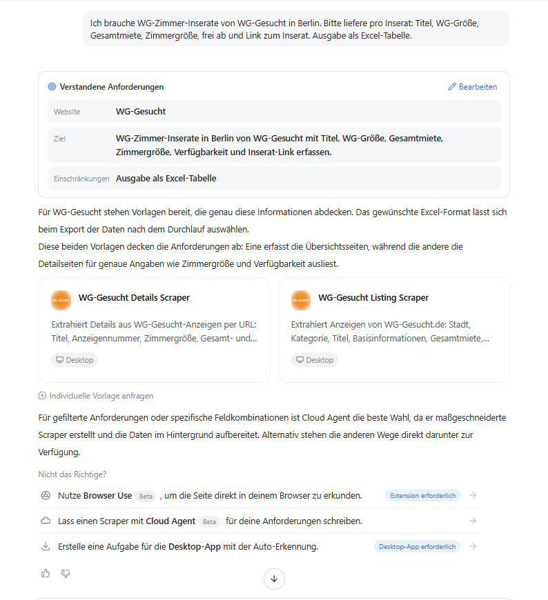 Der KI-Assistent fasst die Aufgabe zusammen und schlägt beide WG-Gesucht-Vorlagen vor.