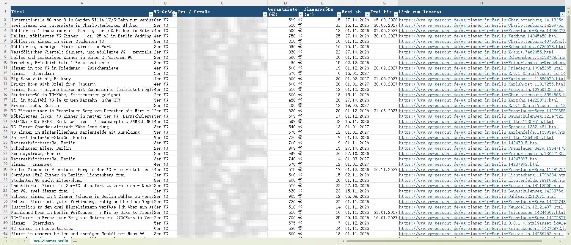 137 Inserate als Excel-Tabelle, Spalte Ort / Straße unkenntlich gemacht.