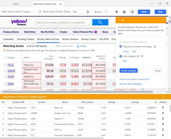 choose yahoo finance data field