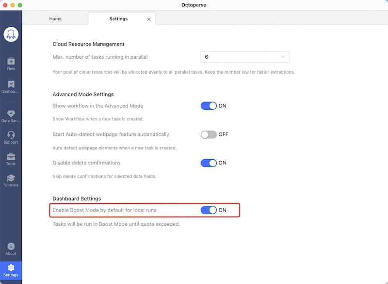 dashboard settings