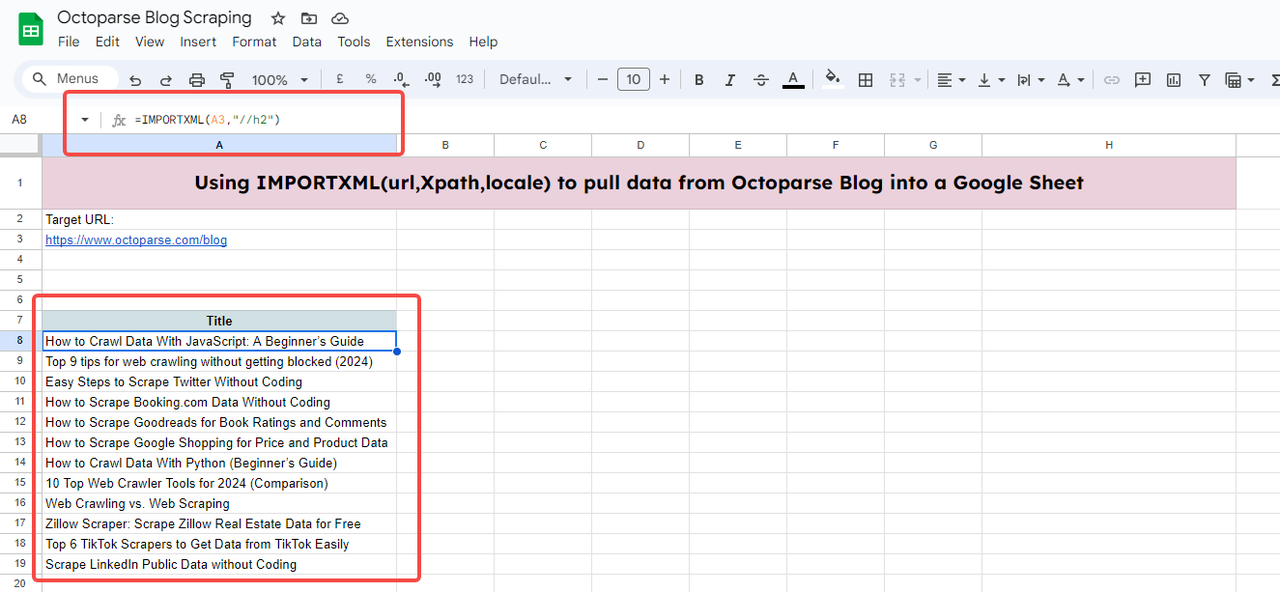 Using ImportXML in Google Spreadsheets