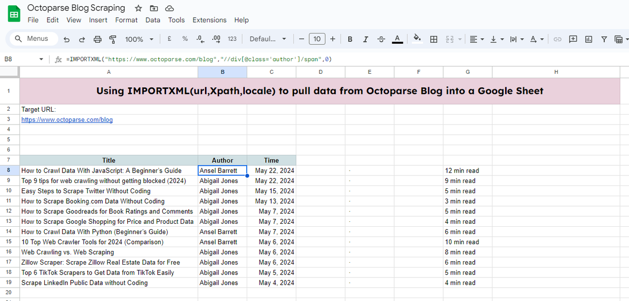 Using ImportXML in Google Spreadsheets