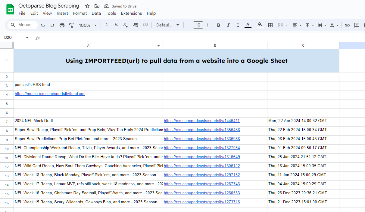 Using ImportFeed in Google Spreadsheets