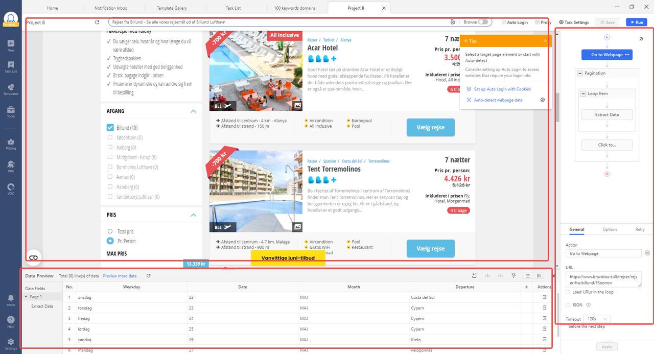 Octoparse's custom scraping interface