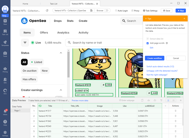 auto-detect webpage data on OpenSea