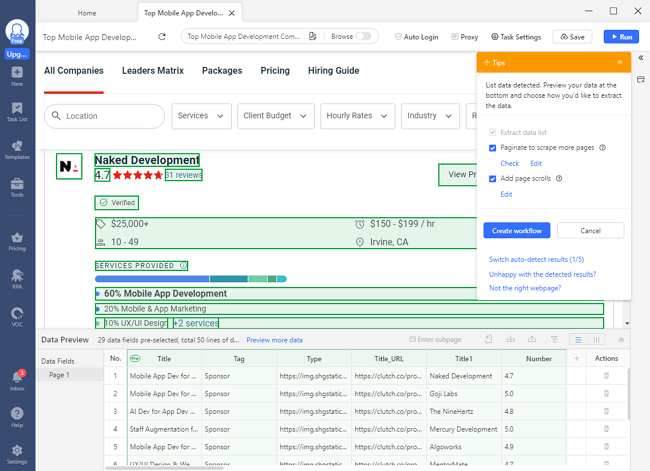 auto-detect webpage data on clutch