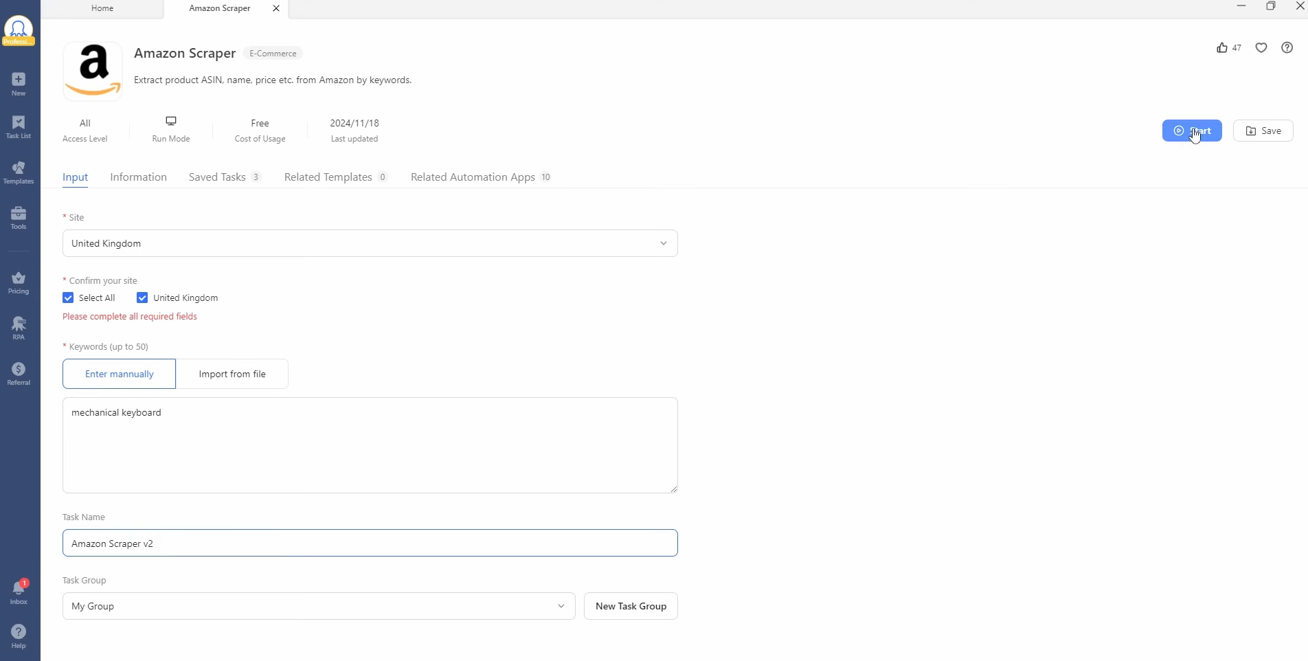 type in product names in Amazon Scraper