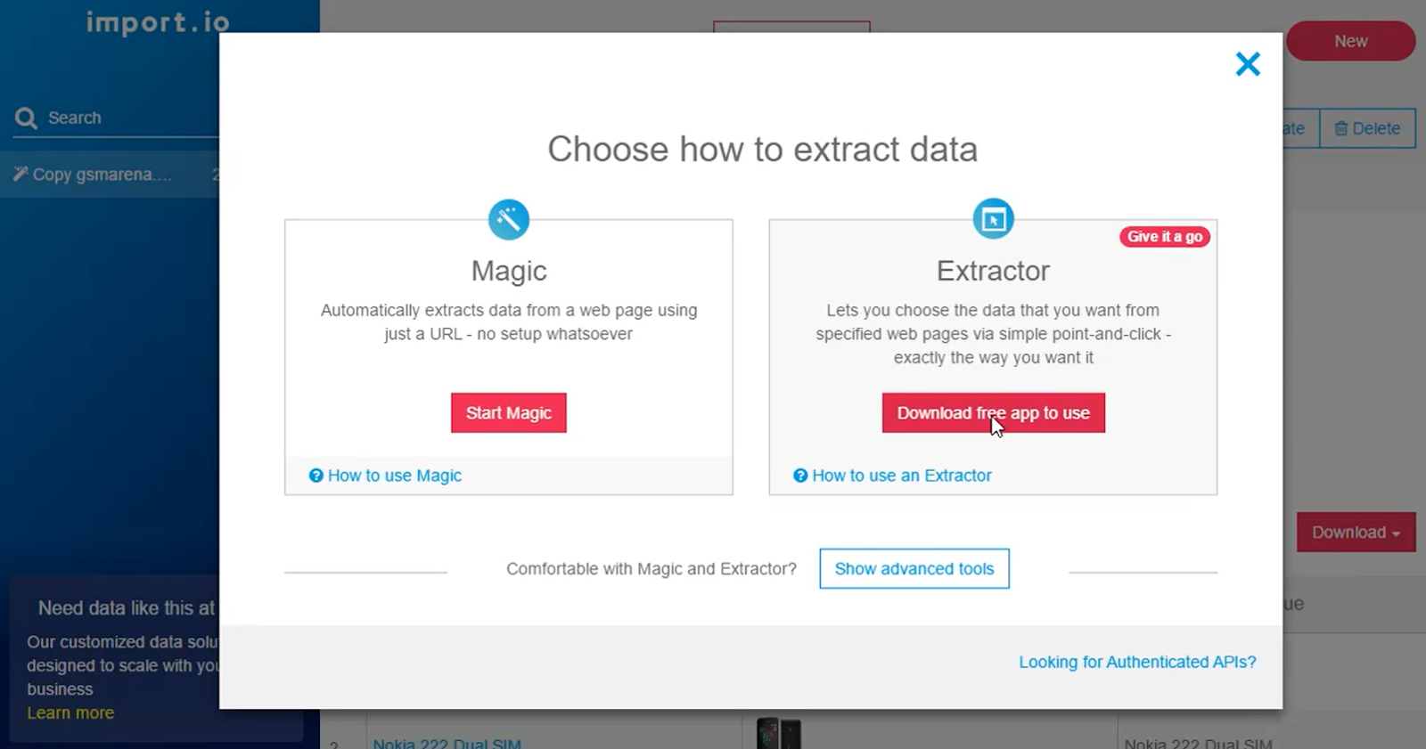 importio data extraction options