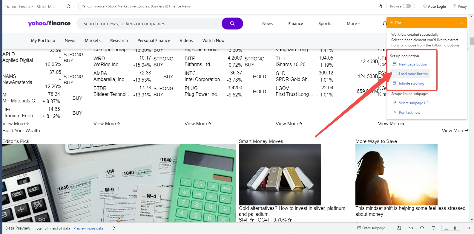 set up pagination on Octoparse for dynamic web page