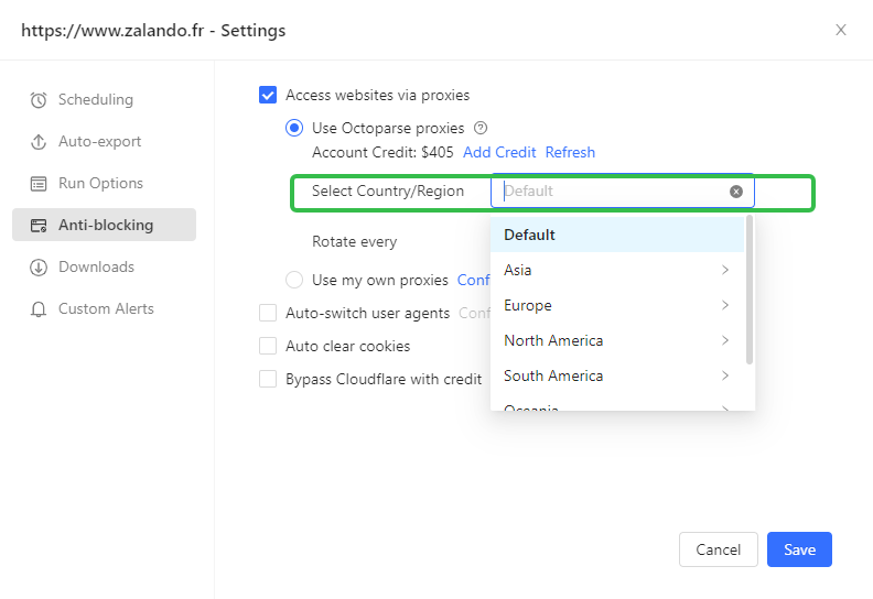 select country or region
