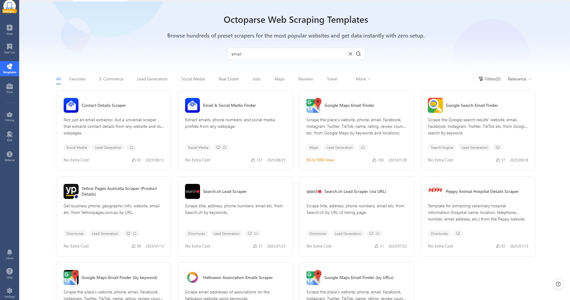 octoparse's scraping templates for content aggregation