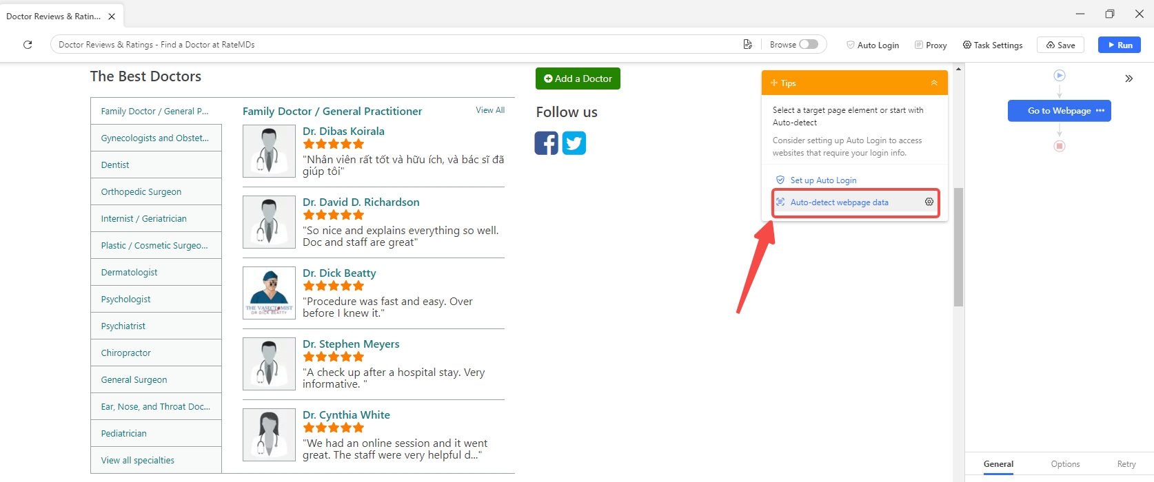 scraping doctor reviews with Octoparse