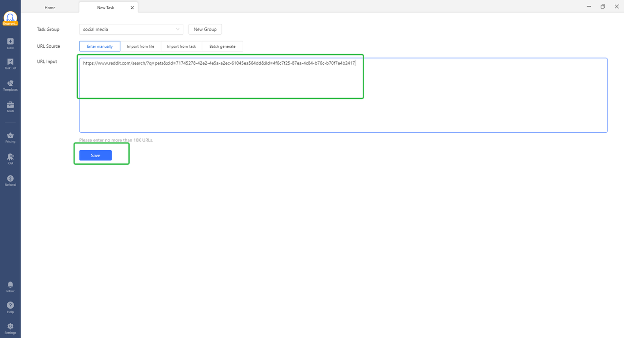 paste url and save in octoparse