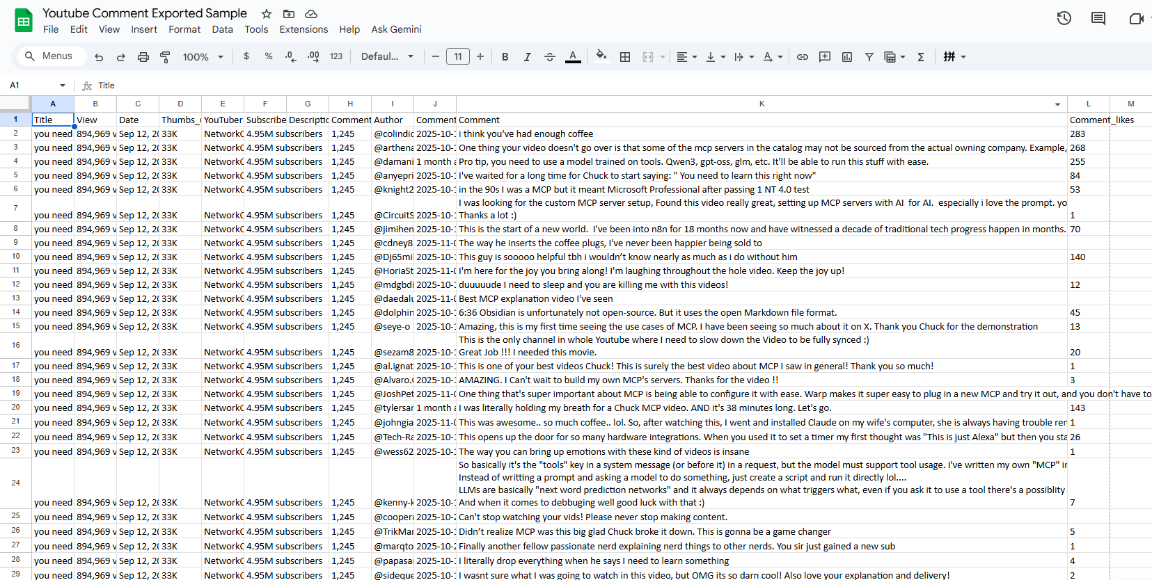download youtube videos comments into spreadsheet